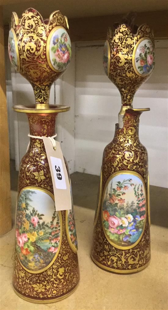 Pair of 19C Bohemian painted ruby glass decanters & stoppers (a.f)